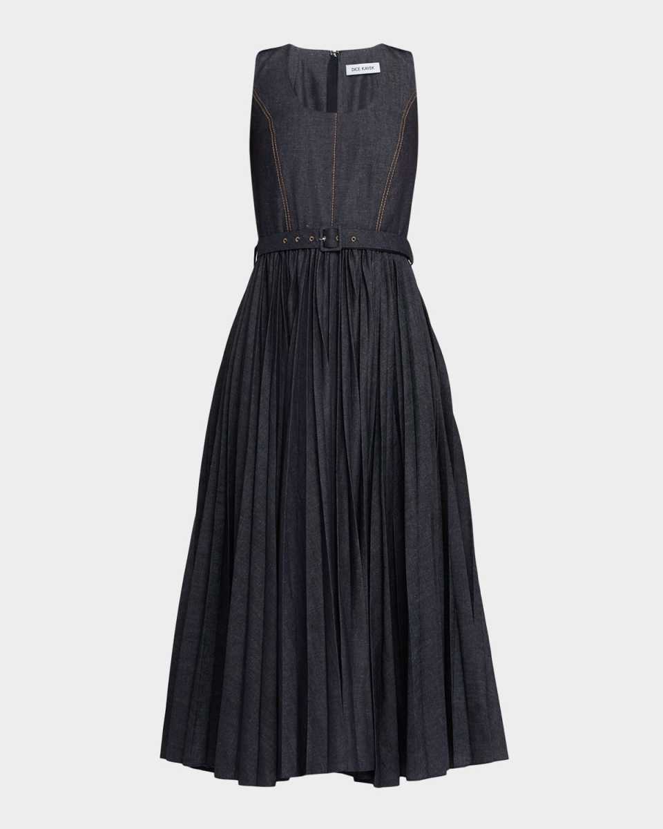 Sleeveless Pleated Denim Midi Dress With Belt